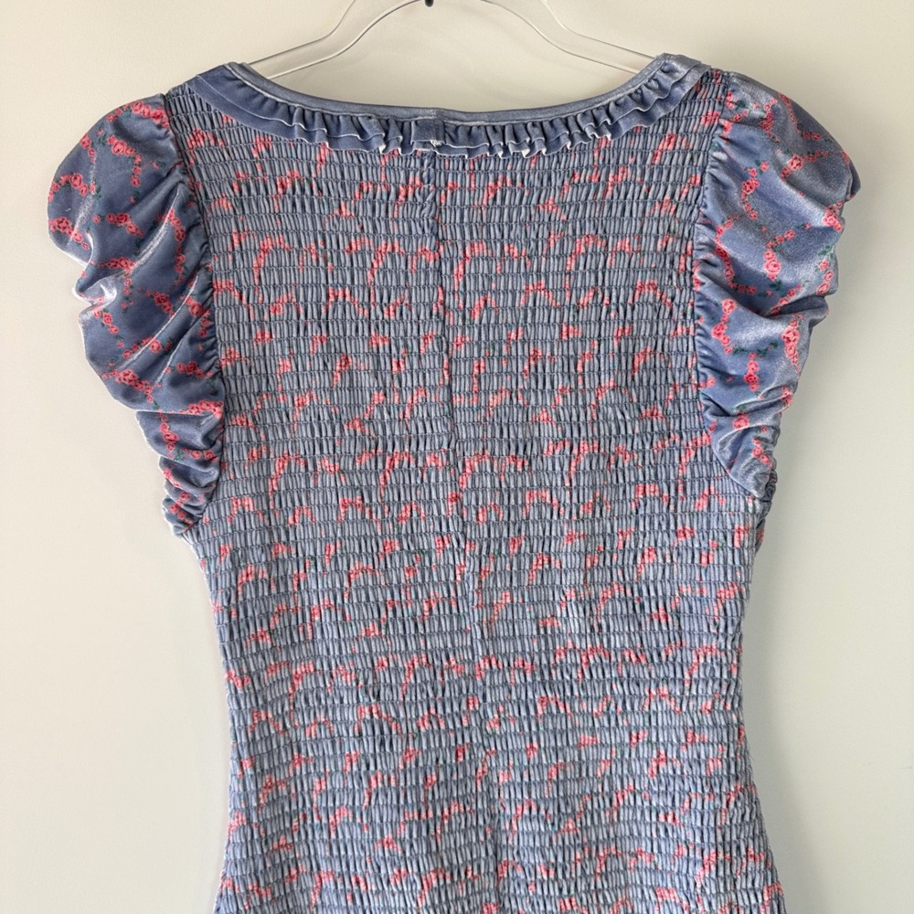 Free People McKenna Velvet Midi Dress Womens XS Blue Pink Floral Smocked Ruffle - Picture 11 of 16